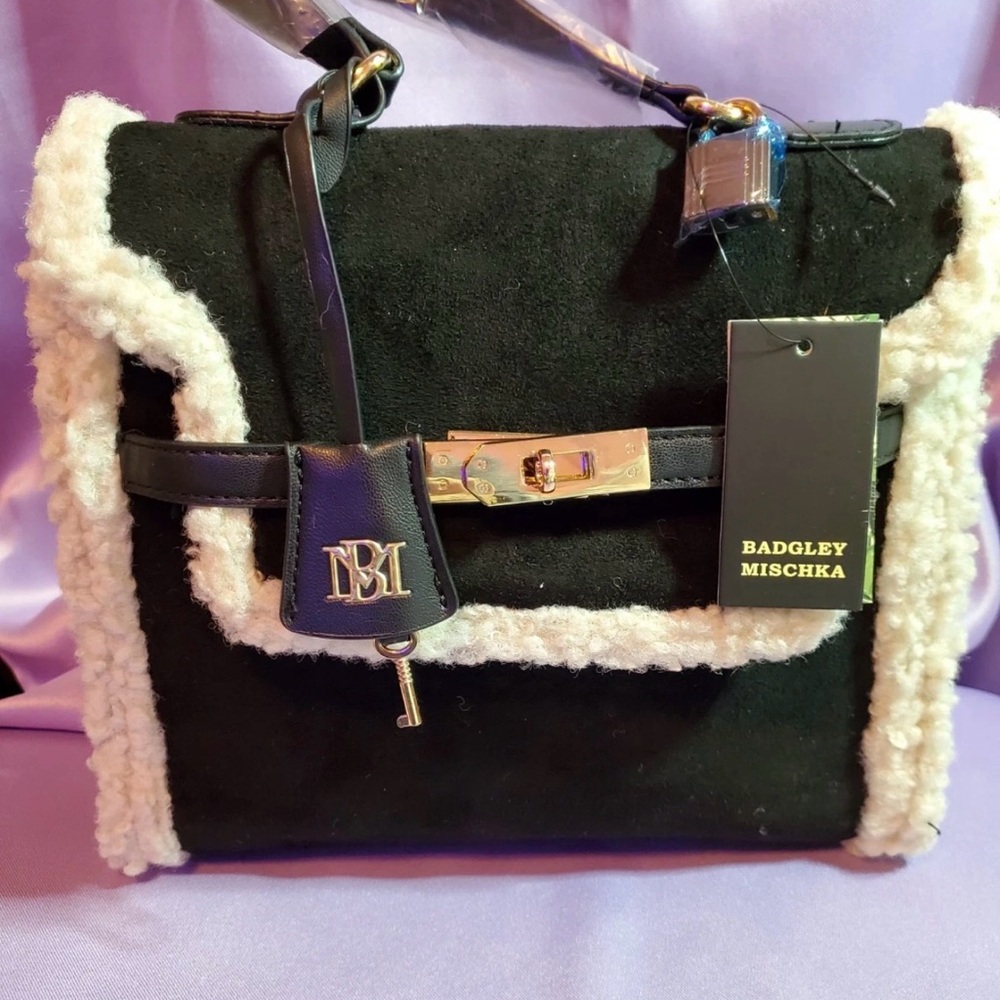 Badgley Mischka Vegan Leather Satchel Handbag Fur Border Black NWT $159